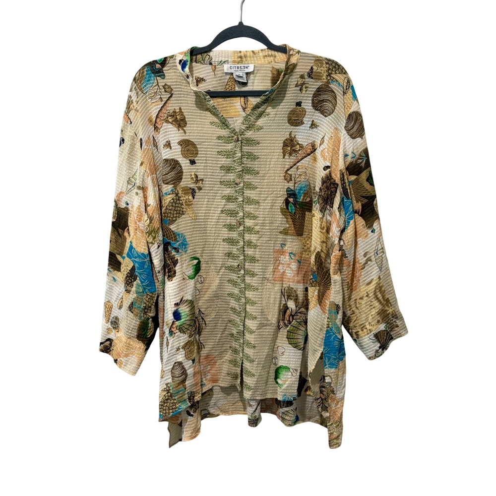 Citron Santa Monica Button Down Blouse Womens 1X Silk Blend Shell Print Top